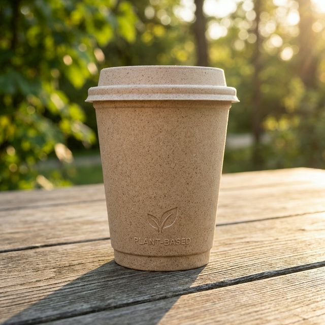Compostable coffee cup in nature